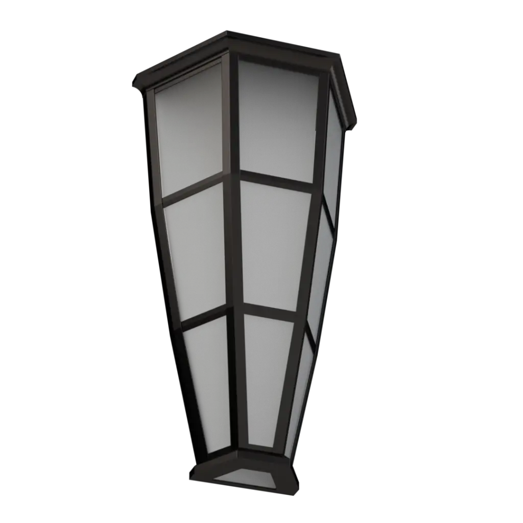 A black metal outdoor lantern with frosted glass panels.