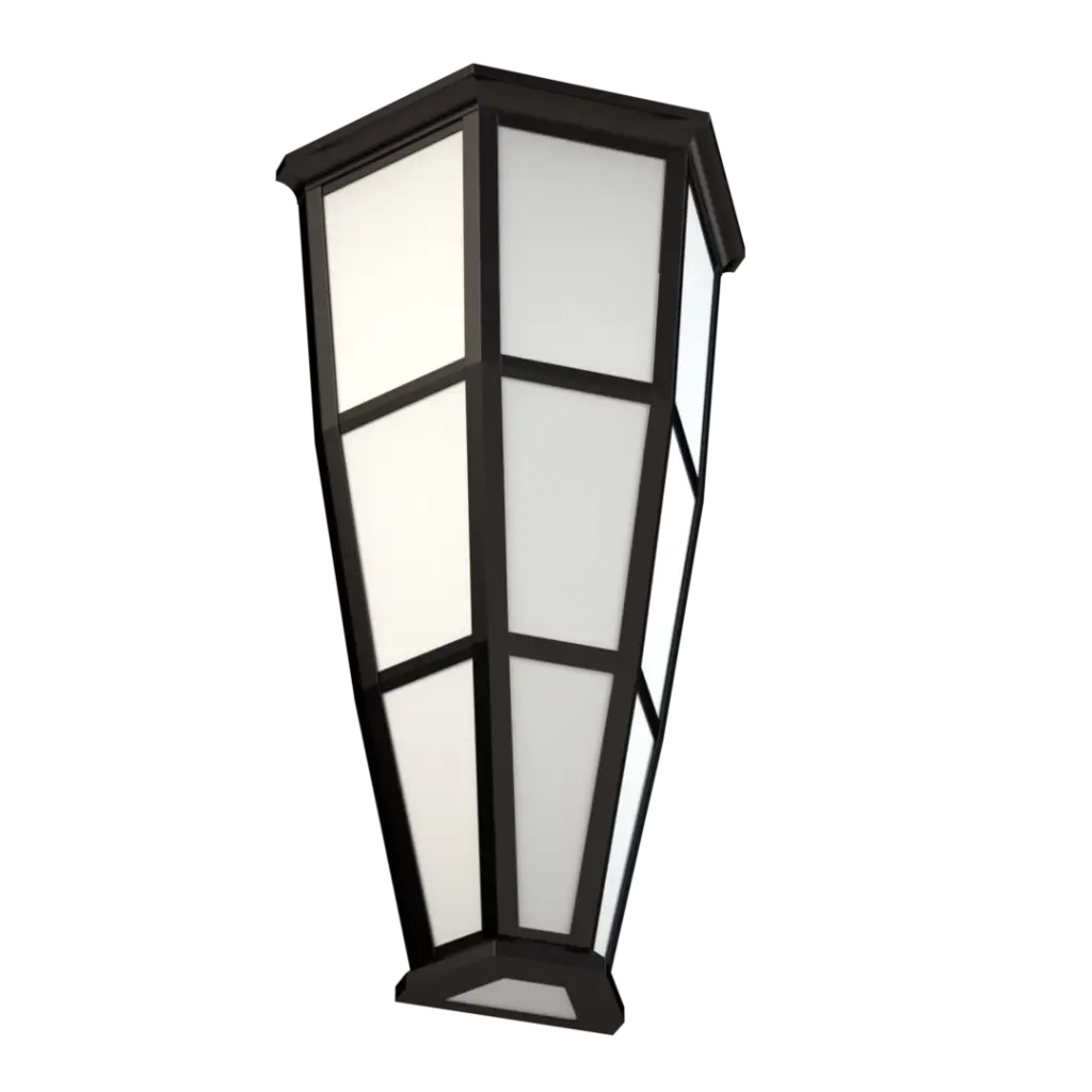 Black-framed outdoor lantern with white translucent panels