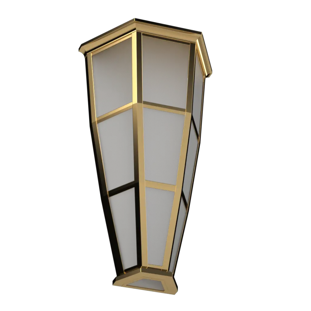 A gold-framed lantern with frosted glass panels.