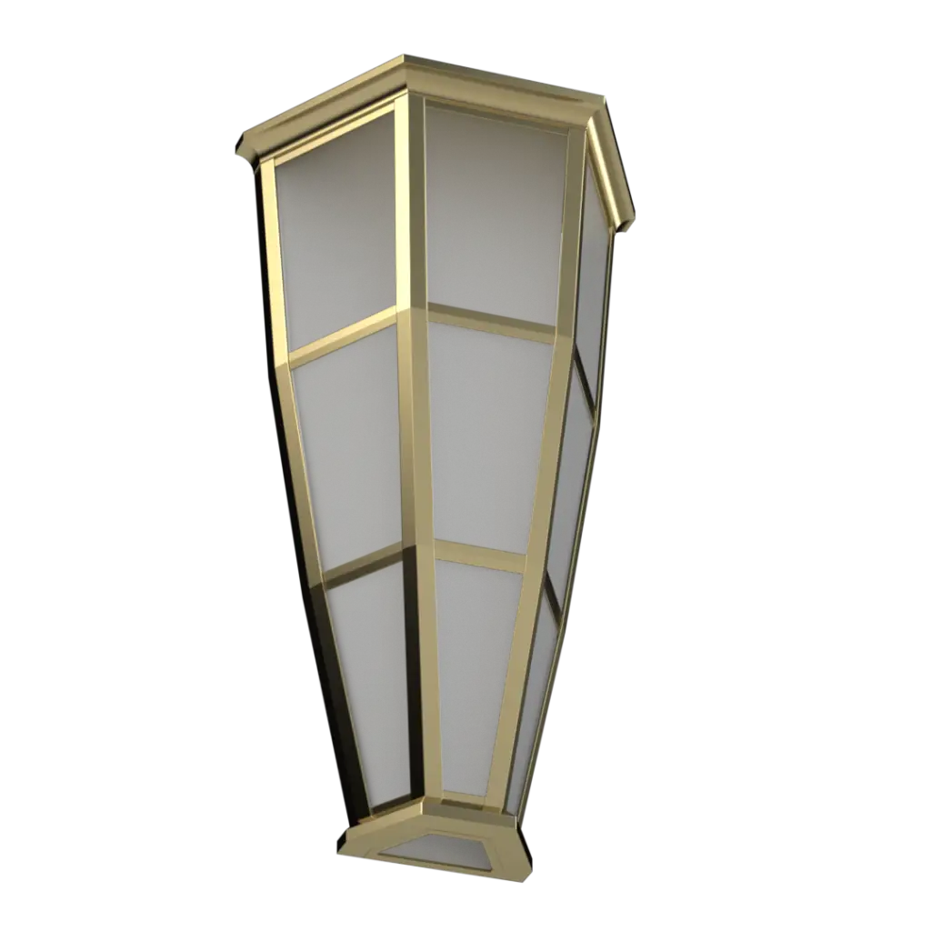 A gold-framed lantern with frosted glass panels.