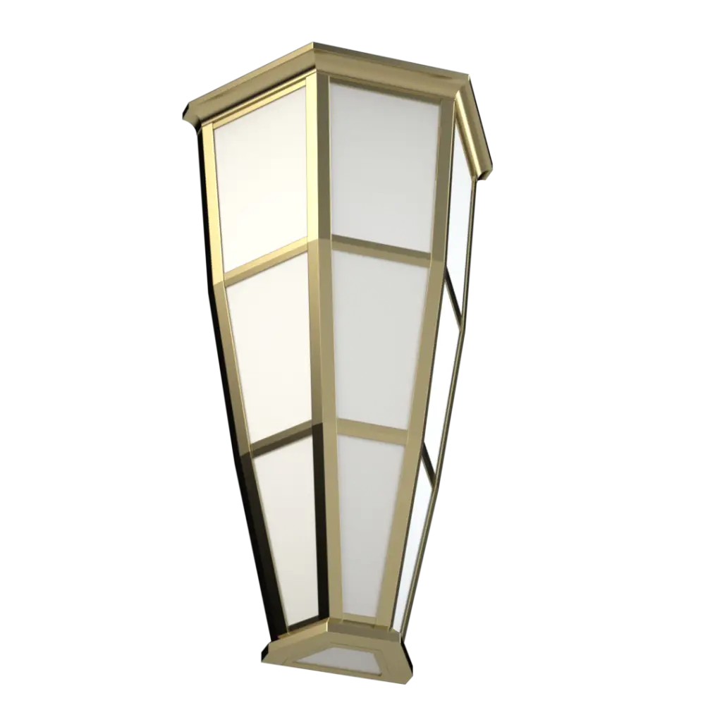 A tall, tapered outdoor lamp with a gold-colored frame and frosted white panels.