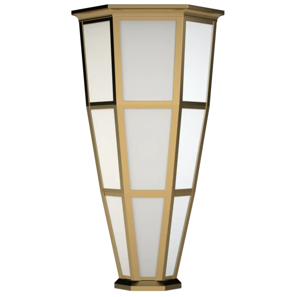 Tall, tapered, multi-paneled wall light fixture with a gold frame.