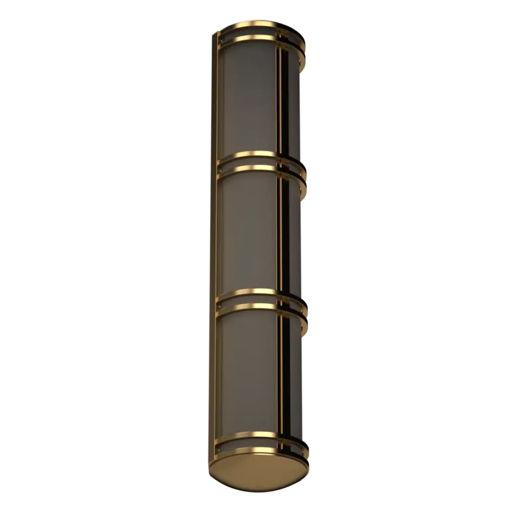 A tall, rectangular, three-tiered wall sconce with a gold frame and frosted glass panels.
