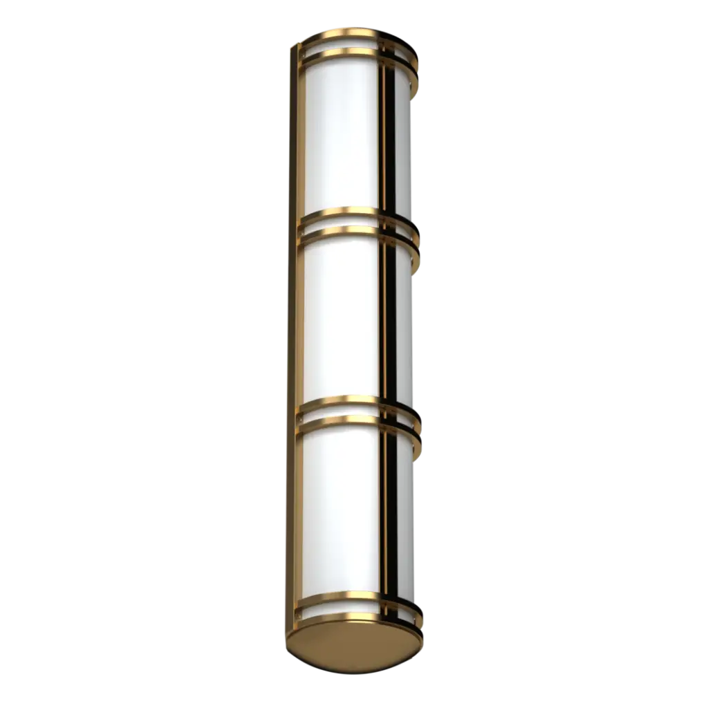 A three-tier cylindrical wall sconce with a gold frame and white frosted glass.