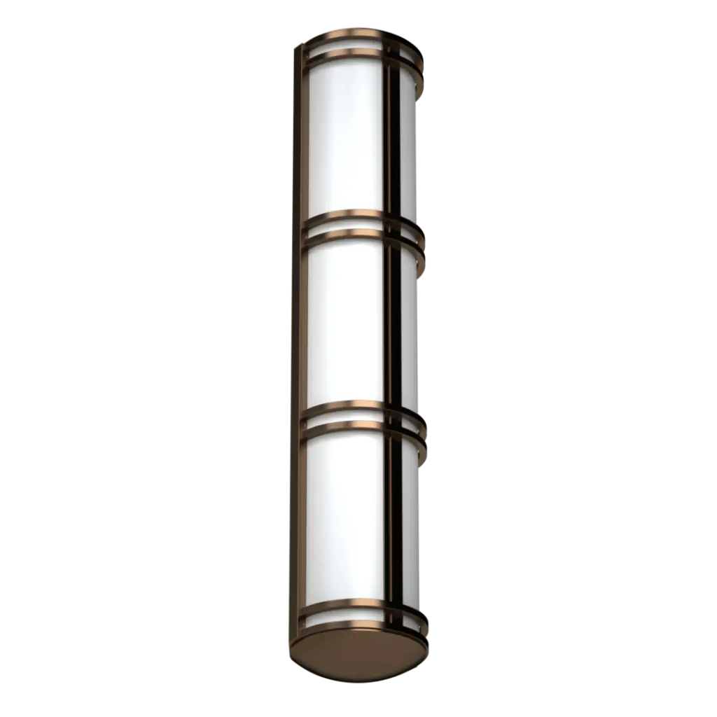 A three-section cylindrical wall sconce with a bronze frame and white glass diffusers.
