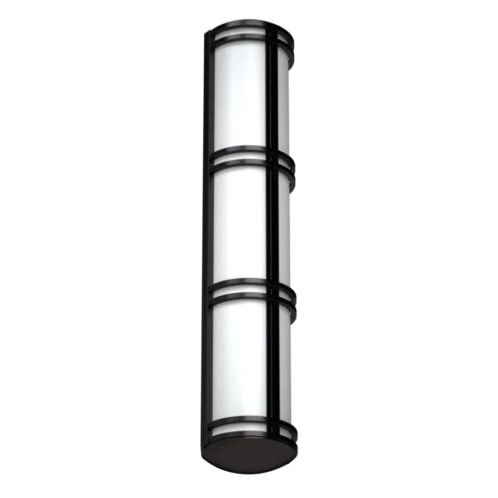 A cylindrical outdoor light fixture with a black frame and three white diffusers.