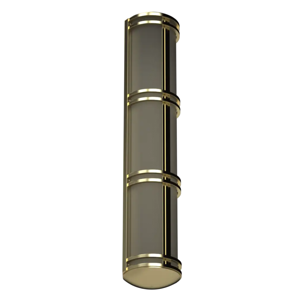 A tall, cylindrical gold and white wall sconce with three illuminated sections.