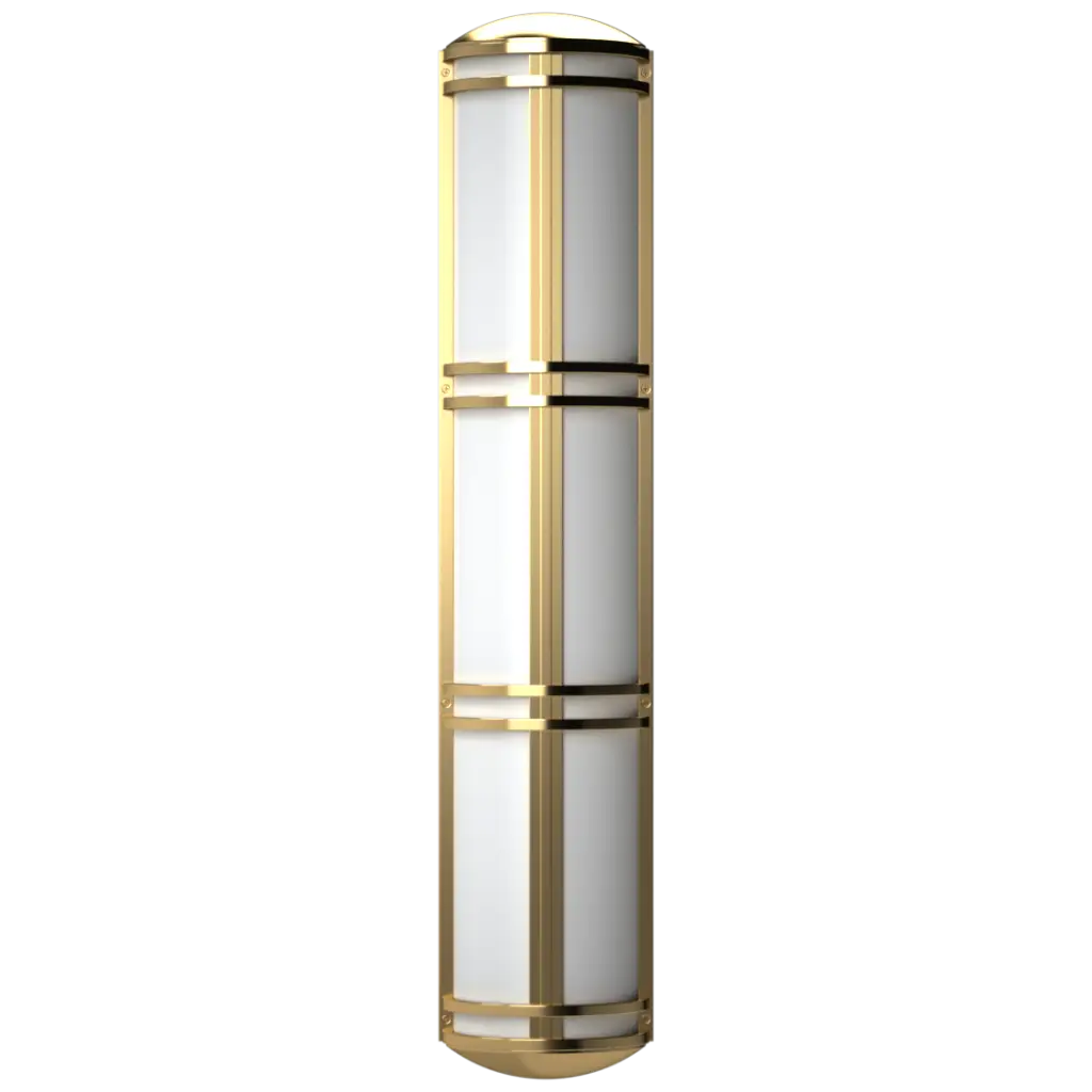 A tall, cylindrical, gold and white outdoor light fixture.