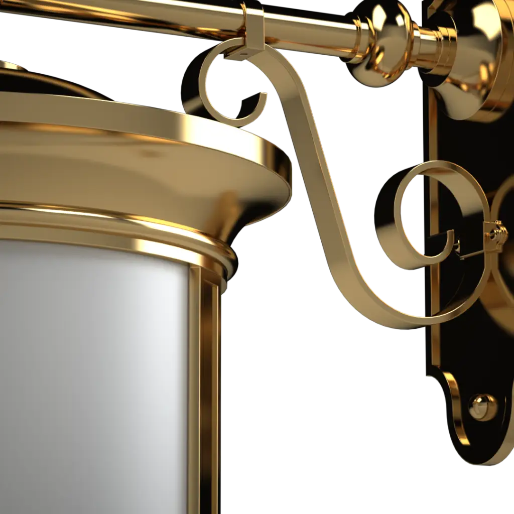 A brass wall-mounted lantern with a white cylindrical shade.