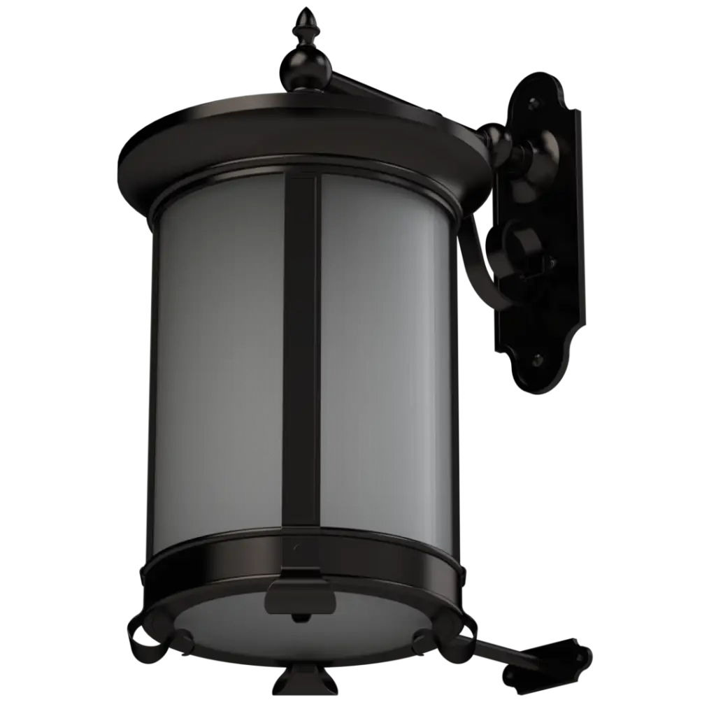Black metal outdoor wall lantern with a white cylindrical glass shade.