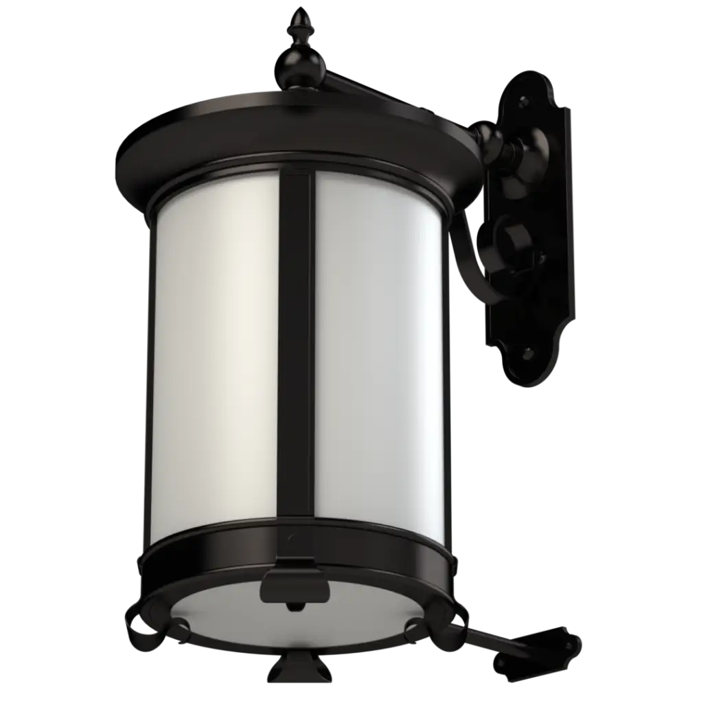A black metal outdoor wall lantern with a white cylindrical glass shade.