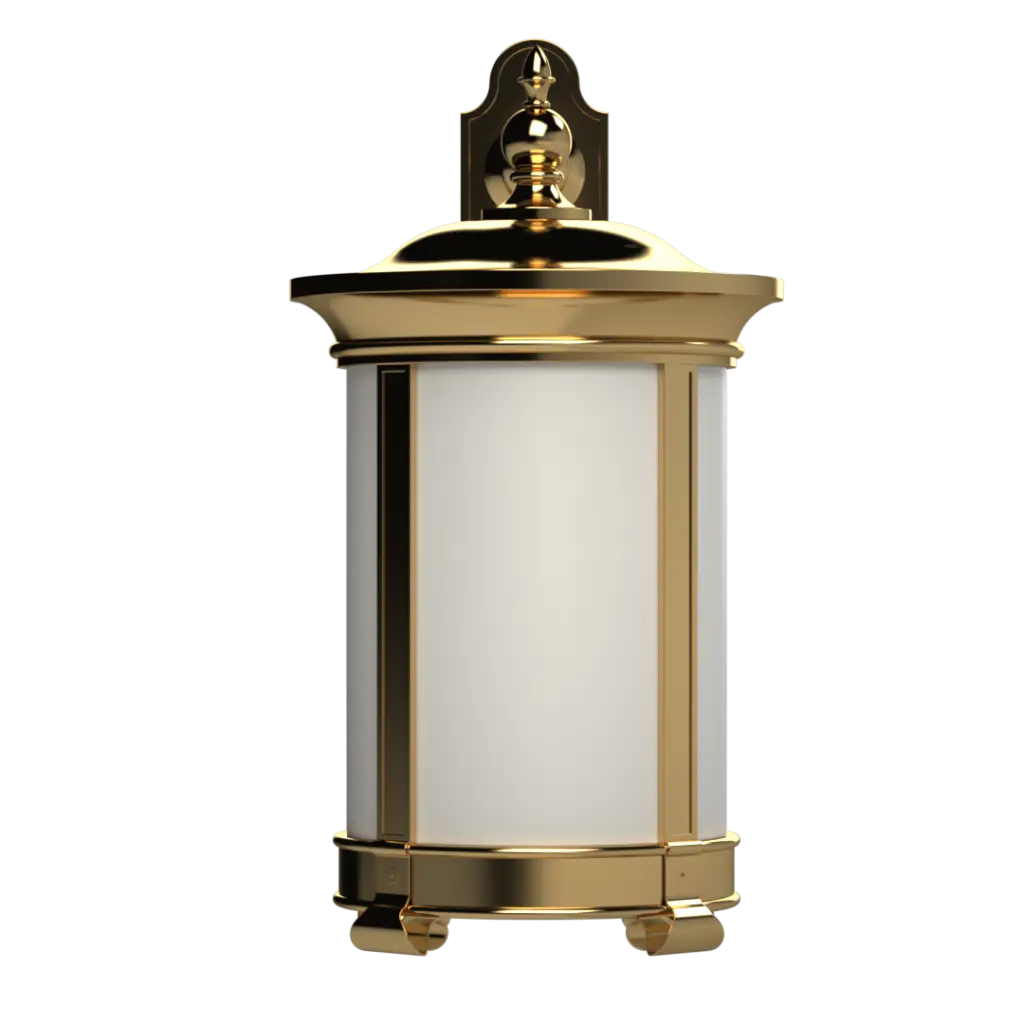 A gold and white cylindrical outdoor wall lantern.