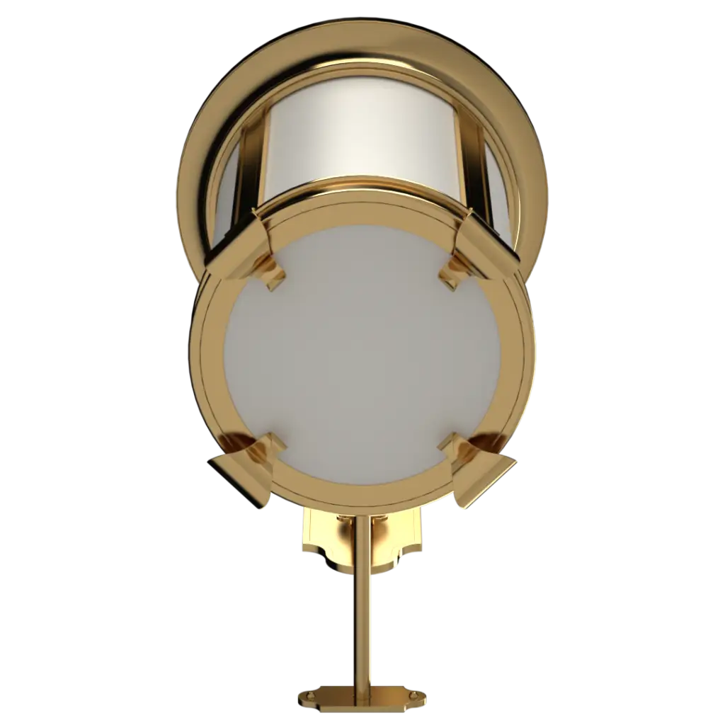 Gold and white wall sconce with a circular lower light and an arched upper light.