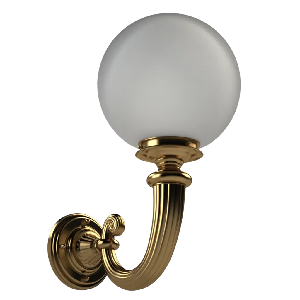 A gold-finished wall sconce with a spherical white glass shade.