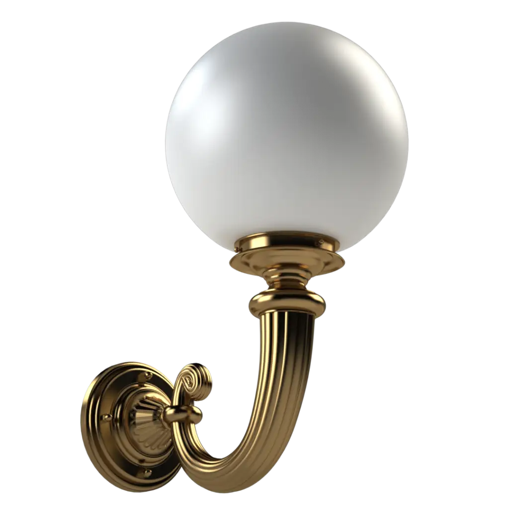 A white spherical glass shade on a curved, ribbed, gold-colored wall sconce.