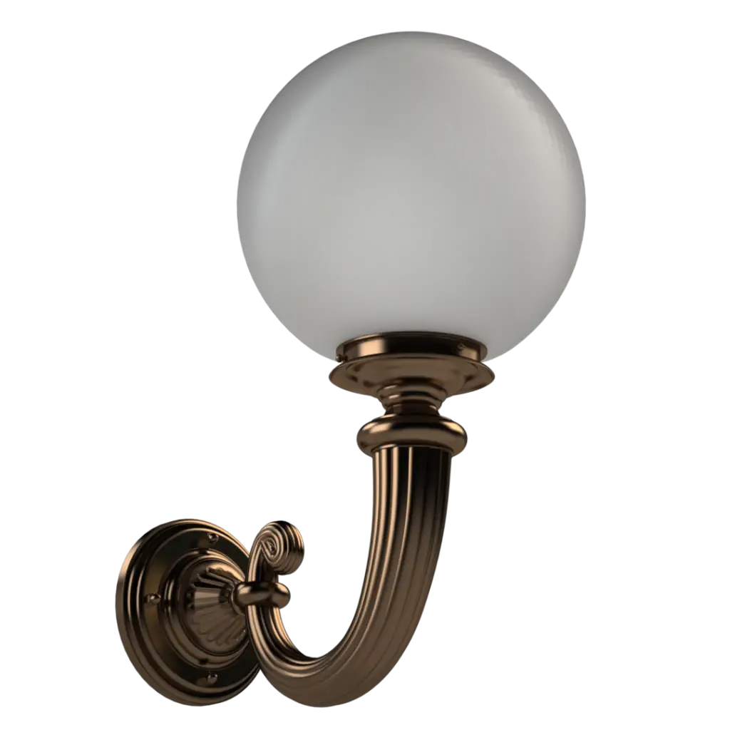 A classic style wall sconce with a spherical white glass shade and a bronze-finished, fluted, curved arm.