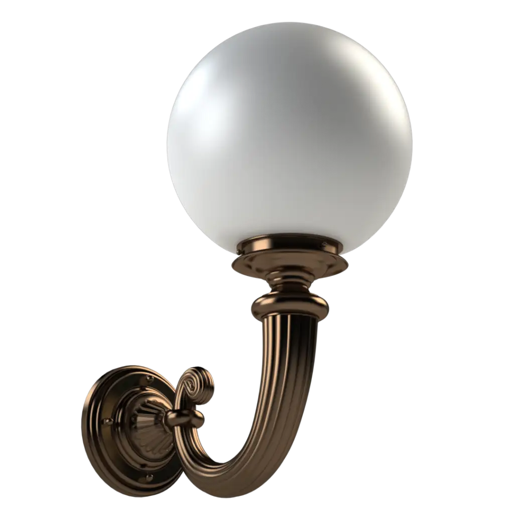 An ornate brass wall sconce with a spherical white glass shade.