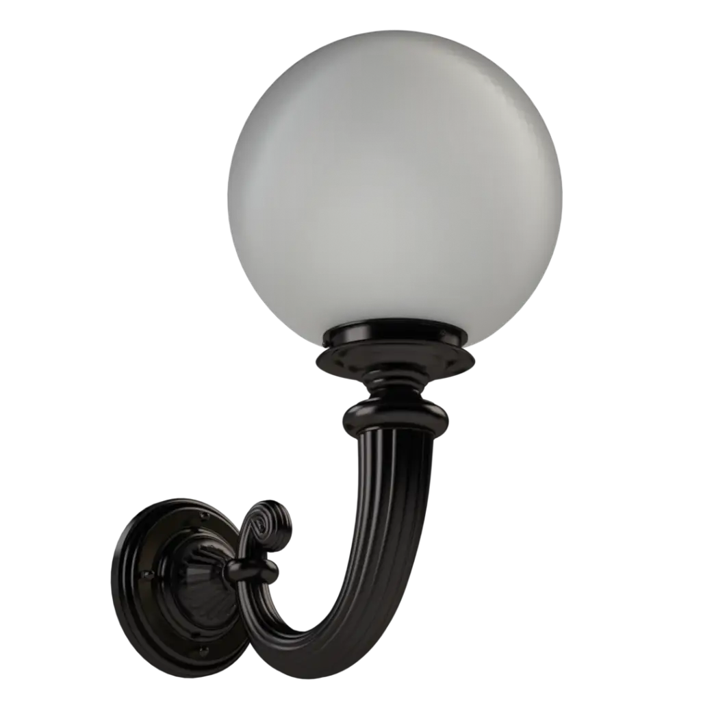 Black wall-mounted outdoor light fixture with a round, white globe diffuser.