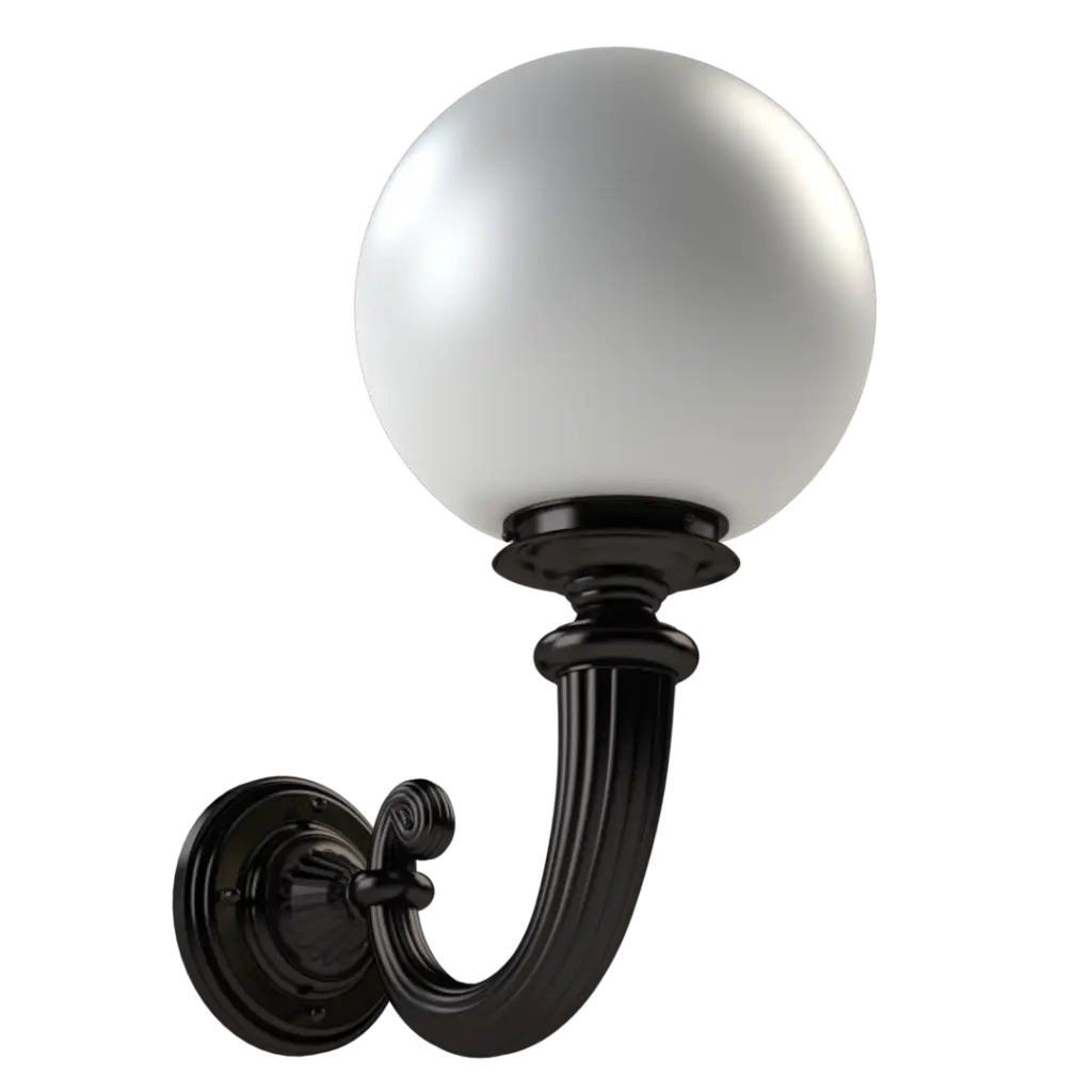 Black metal wall-mounted outdoor light fixture with a white spherical globe.