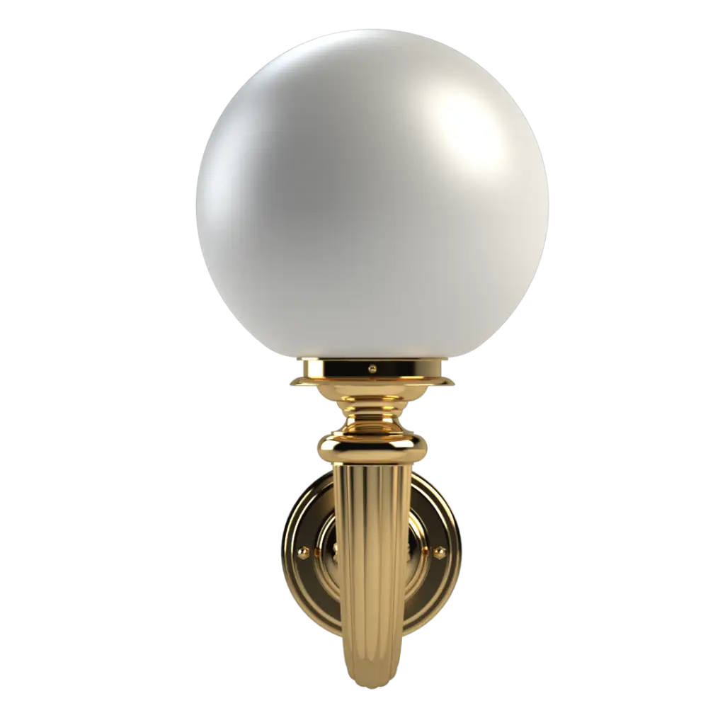 A polished brass wall sconce with a spherical white glass shade.