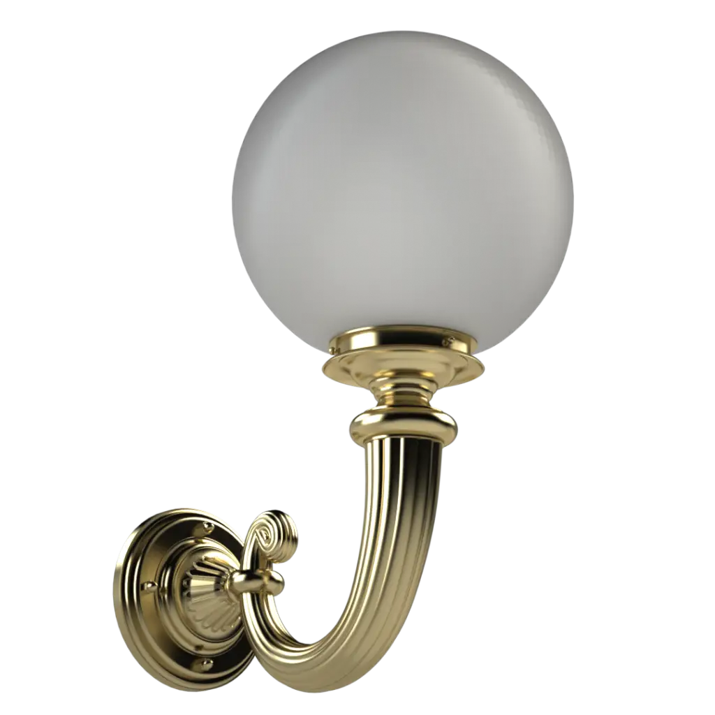 A brass wall sconce with a ribbed arm and a spherical white glass shade.