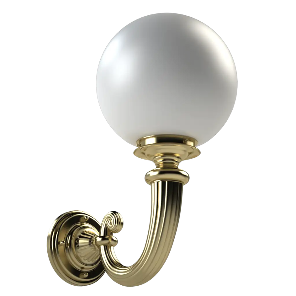 A classic brass wall sconce with a spherical white glass shade.