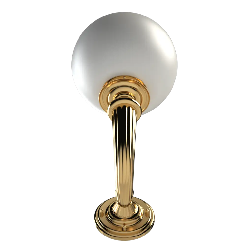 A white globe light with a ribbed gold stand and circular base.