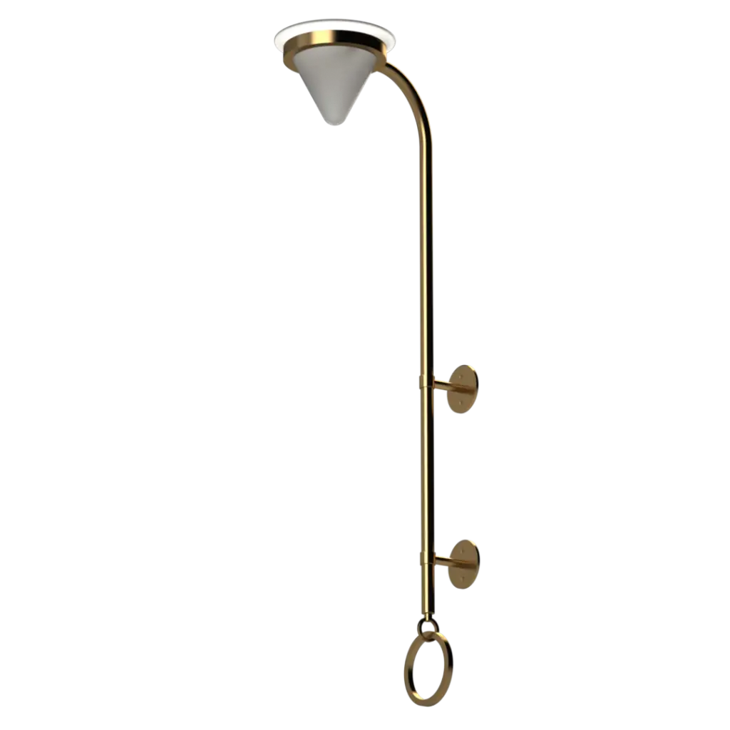 Gold-finished wall-mounted shower fixture with a conical showerhead.