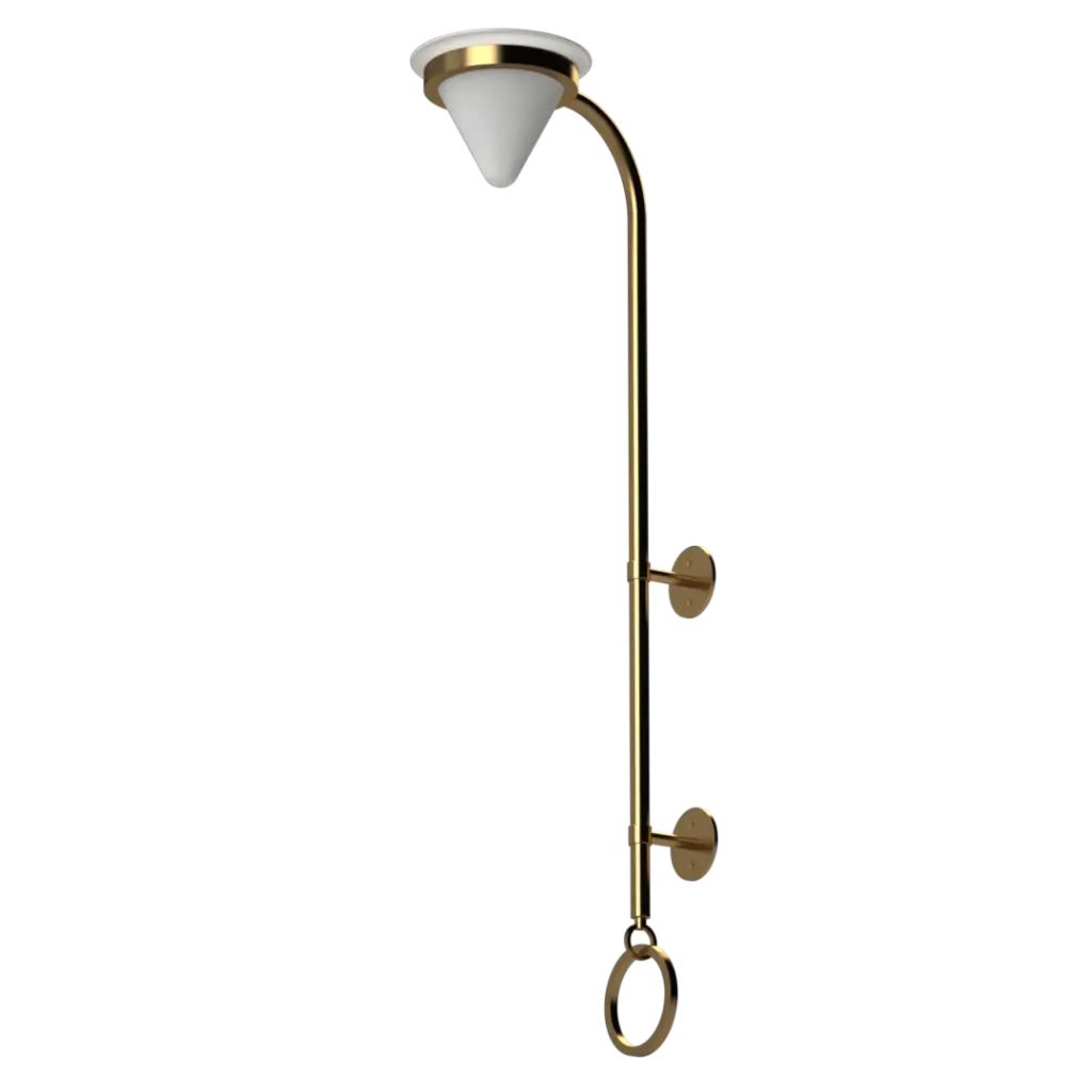 Tall, gold-finished wall-mounted shower fixture with a conical shower head and a lower accessory ring.