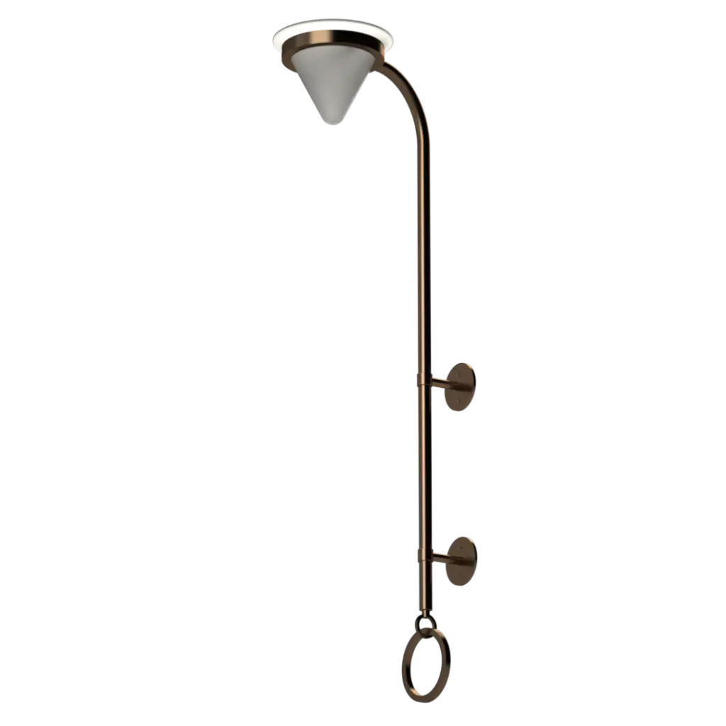 An outdoor wall-mounted light fixture with a conical shade, a curved arm, and a bronze finish.