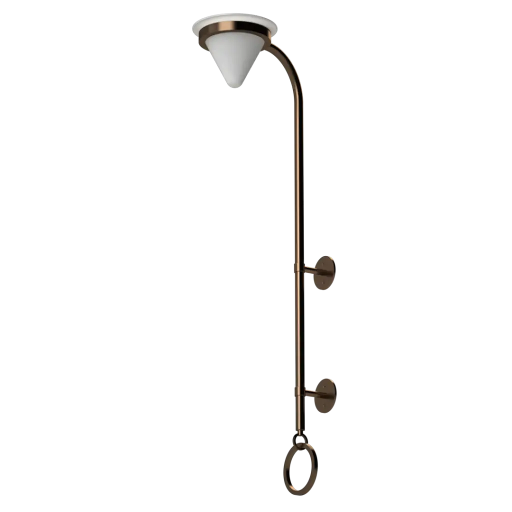 Bronze-finish outdoor lamp with a conical white glass shade and two wall mounts.