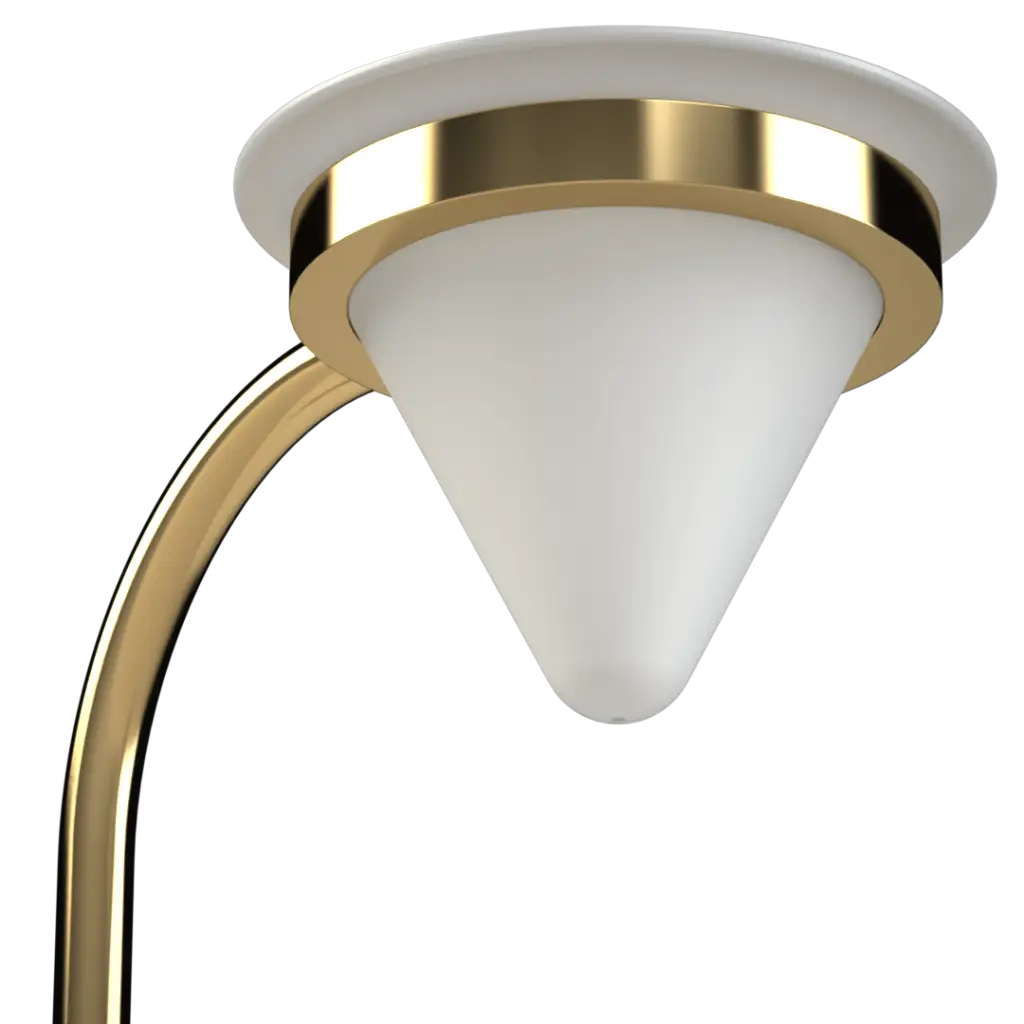 A modern floor lamp with a gold metallic curved stand and a conical white glass shade.