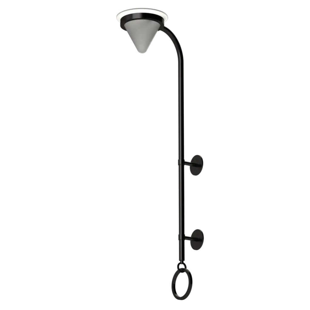 Modern black street lamp with a conical light fixture.