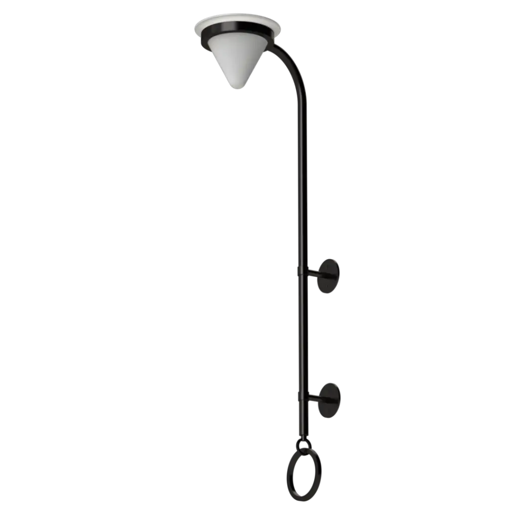 A dark metal outdoor street light with a white conical lamp shade.