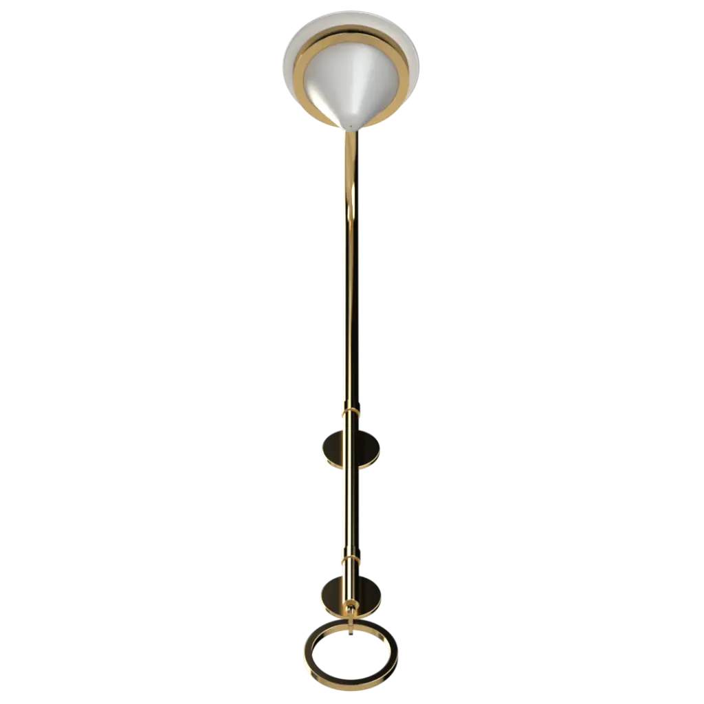 Tall, slender gold and white floor lamp with circular accents.