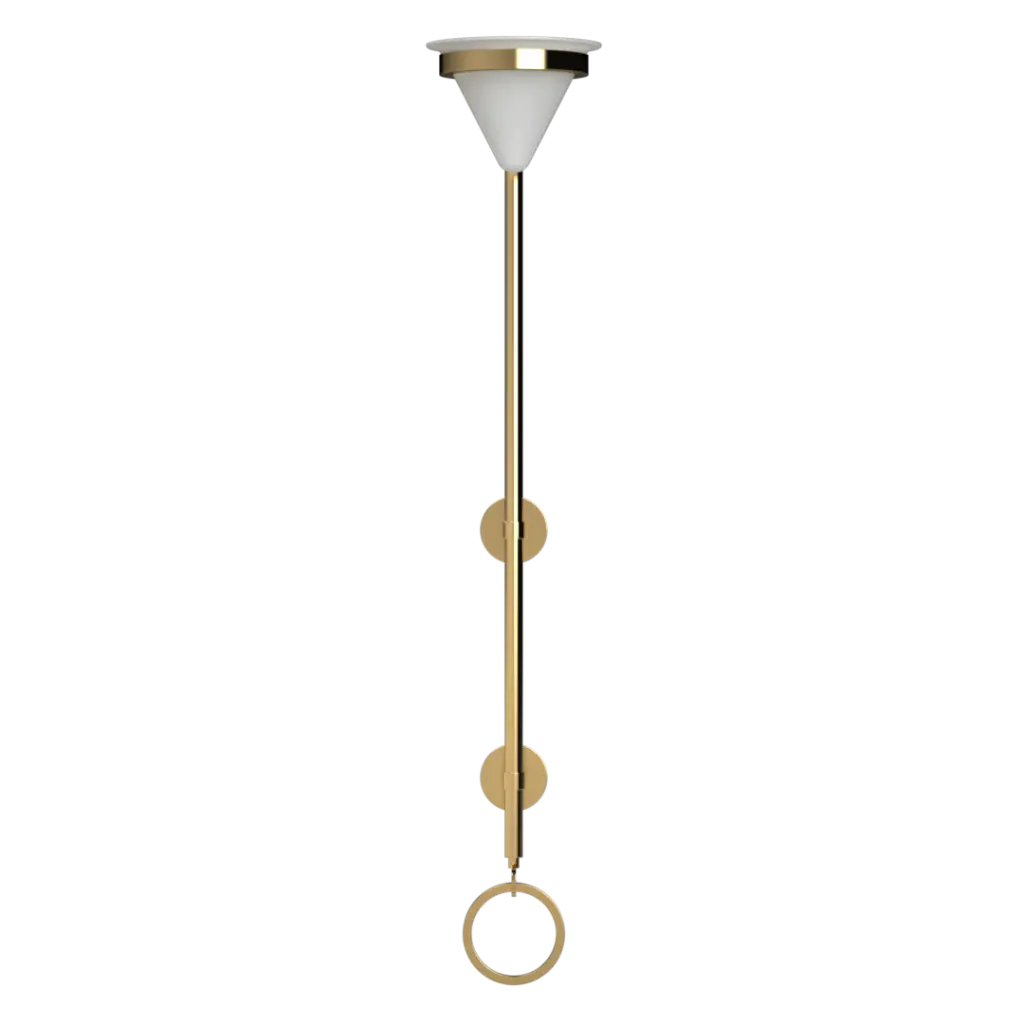 A gold and white wall-mounted light fixture with a conical shade and circular accents.