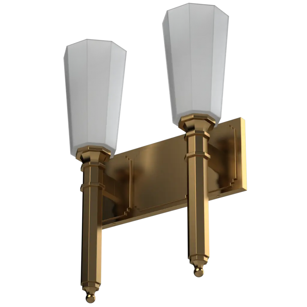 Gold-finished double wall sconce with white octagonal glass shades.