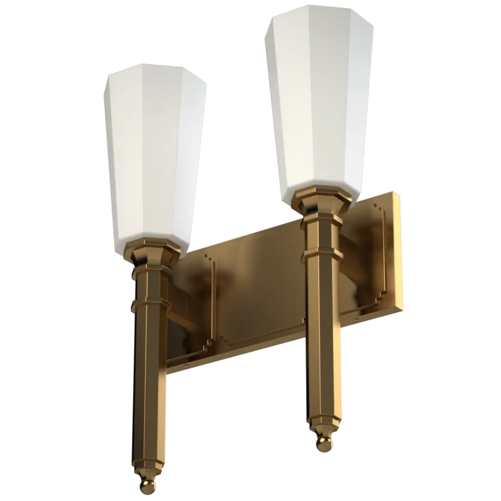 Two-light art deco style brass wall sconce with tapered white glass shades.