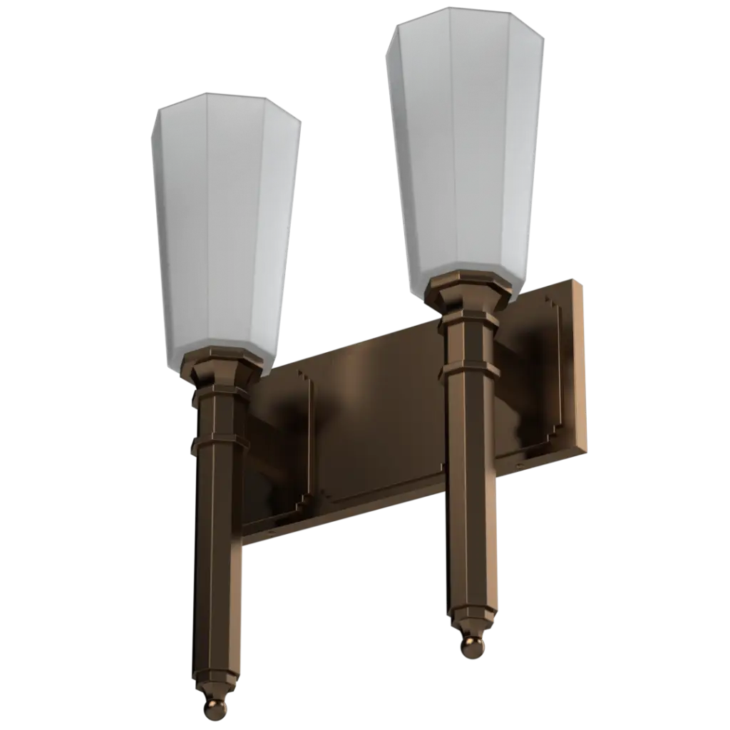 A two-light bronze wall sconce with frosted glass shades.