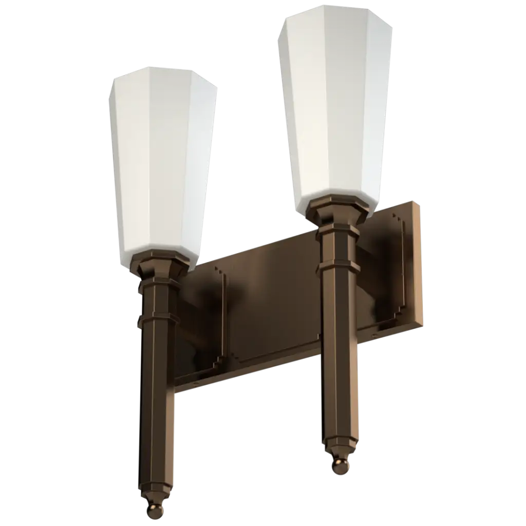 Double-light bronze wall sconce with tapered white glass shades.