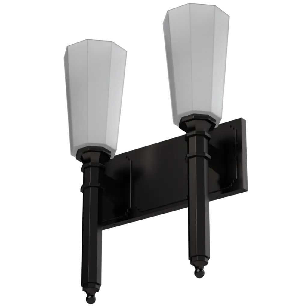 Two black outdoor wall sconces with white, tapered hexagonal glass shades.