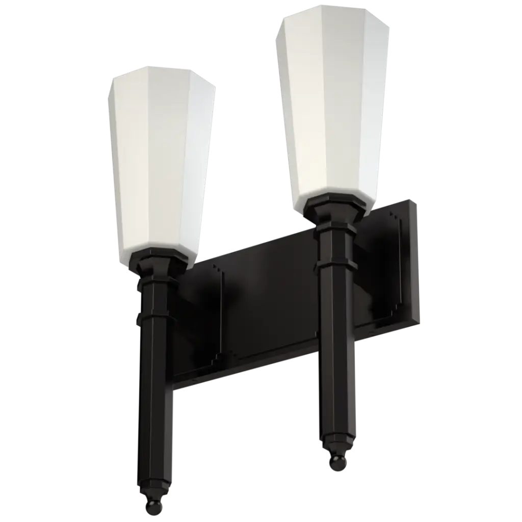 A two-light black outdoor wall sconce with white multifaceted glass shades.