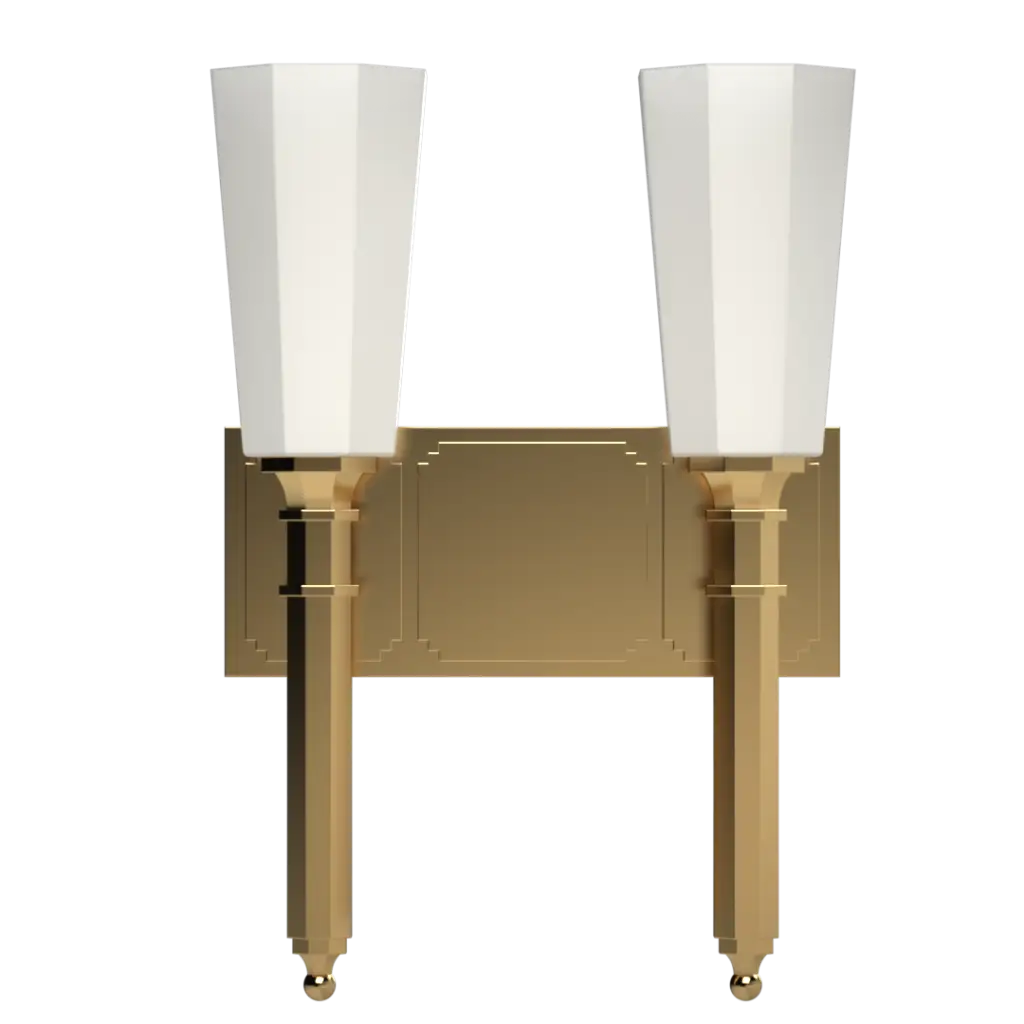 Ornate brass double wall sconce with tapered white glass shades.