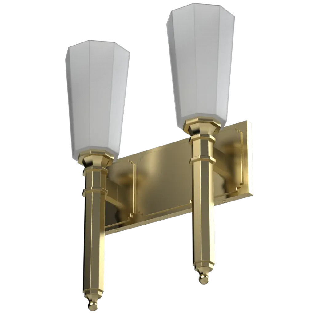 A gold two-light wall sconce with frosted, faceted glass shades.