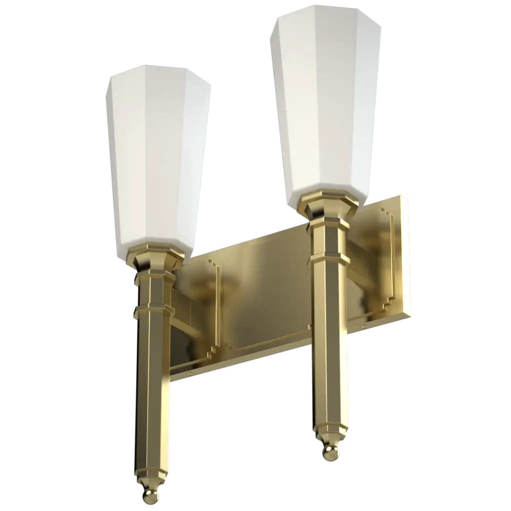 Two-light brass wall sconce with tapered white glass shades.