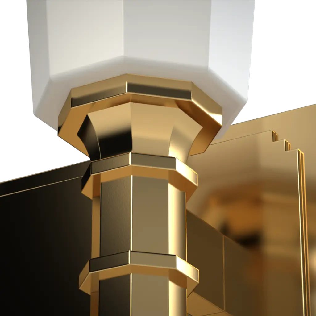 A white and gold hexagonal column with a flared capital.