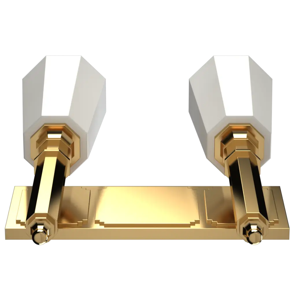 A gold and white two-light bathroom vanity fixture.