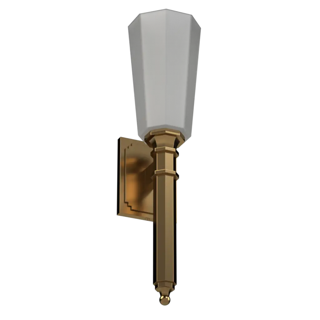 A brass-finished wall sconce with a frosted, tapered glass shade.