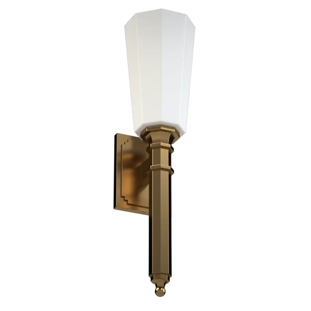 A brass wall sconce with a frosted white glass shade.