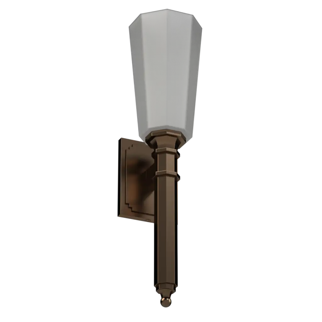 Bronze wall sconce with a frosted, faceted glass shade.